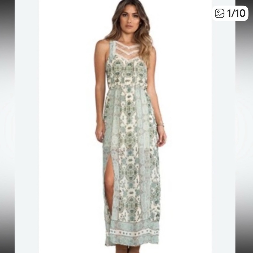 Free People Sleeveless Lace Chiffon Maxi Moroccan Printed Dress in Green Sz 6